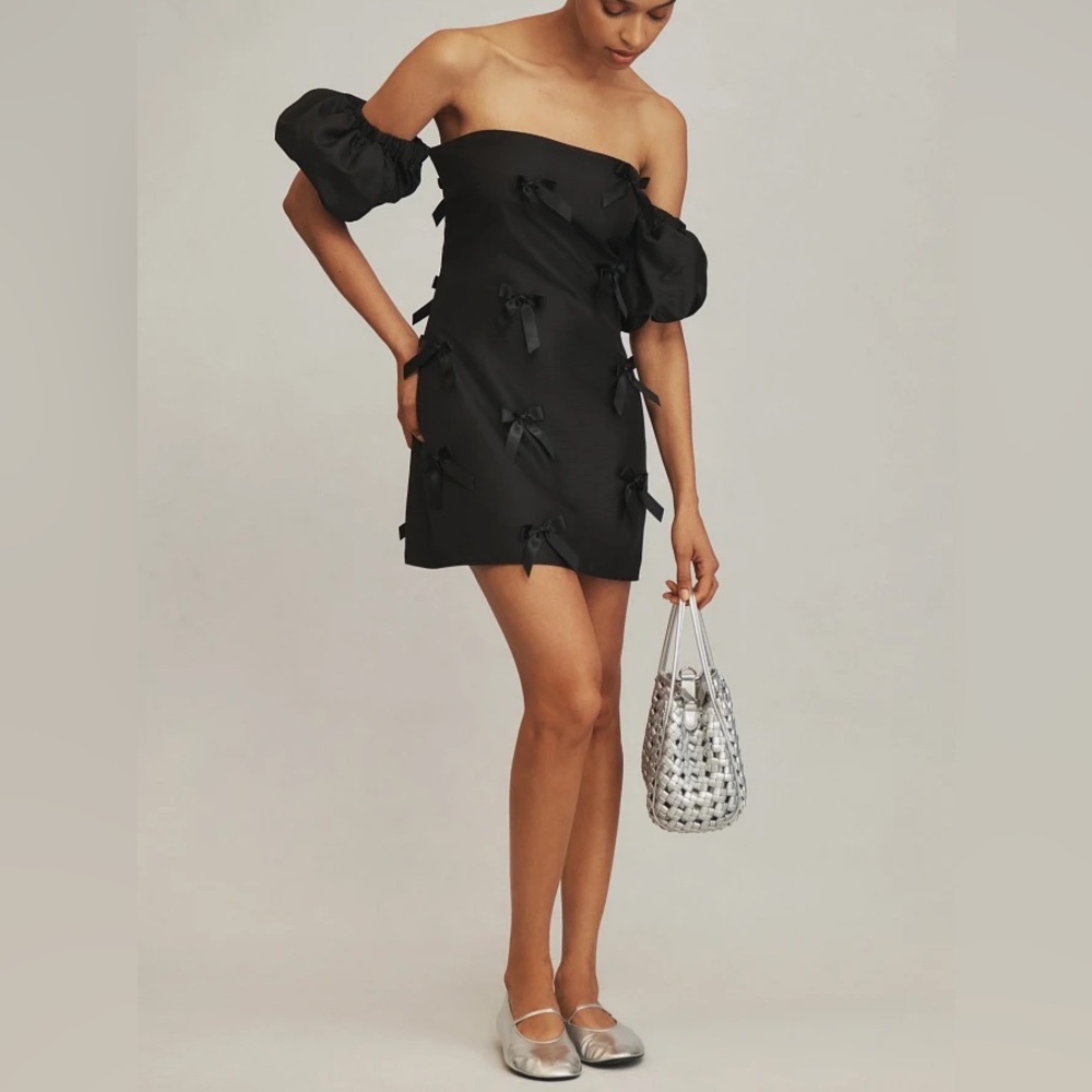 Anthropologie Hutch Off-The-Shoulder Bow Puff Sleeve Mini Dress - Picture 4 of 11